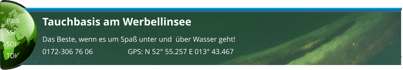 Tauchbasis am Werbellinsee Das Beste, wenn es um Spaß unter und  über Wasser geht! 0172-306 76 06                   GPS: N 52° 55.257 E 013° 43.467  Padi SSI SDI TDI